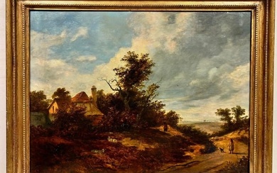 Fine 1830s English Rural Landscape Large Oil Painting Figures with Dog & Cottage 1830's