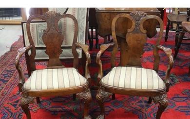 Fine pair of English figured walnut small scale arm chairs, ...