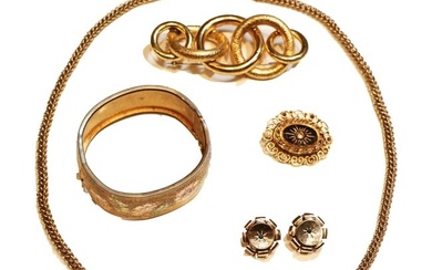 Five Gold Tone Necklace & Earring & Brooch & Bracelet