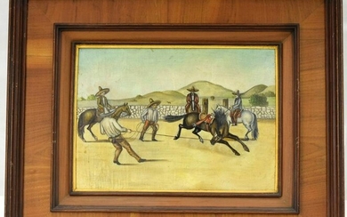 Folk Art Mexican Painting Of Vaqueros Taming Mustang