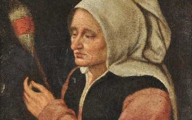 Follower of Marten van Cleve The Elder, A peasant woman with a spindle