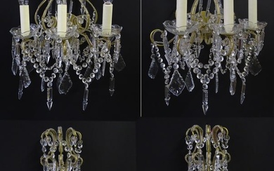 Four Italian wall lights having three branches, and lustre drops. Approx. 18" wide (4) Please Note