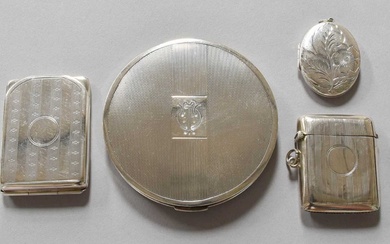 Four Various Silver Items, comprising a circular compact with engine-turned...