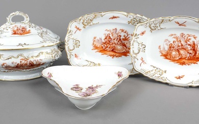 Four serving pieces, Fraureuth, art department, Saxony, 1920s, form Rococo, oval bowl tureen, l.