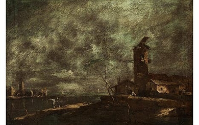 Francesco Guardi, 1712 Venedig – 1793 ebenda, zug., HAFENMOLE MIT TURM UND STAFFAGEFIGUREN UNTER DUNKLEM WOLKENHIMMEL