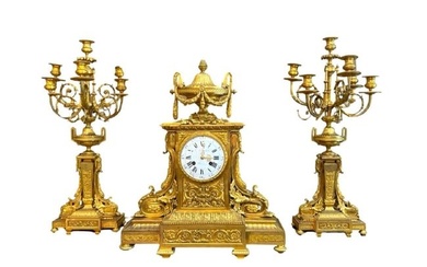 French 19th Century Ormulu Garniture Mantel Clock Set