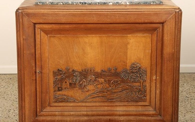 French Art Deco marble top server with relief carved scene of a man with his horse walking through
