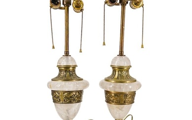French Art Nouveau Gold Gilt Bronze and Rock Crystal Table Lamps