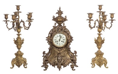 French Brass Clock and Garniture Set