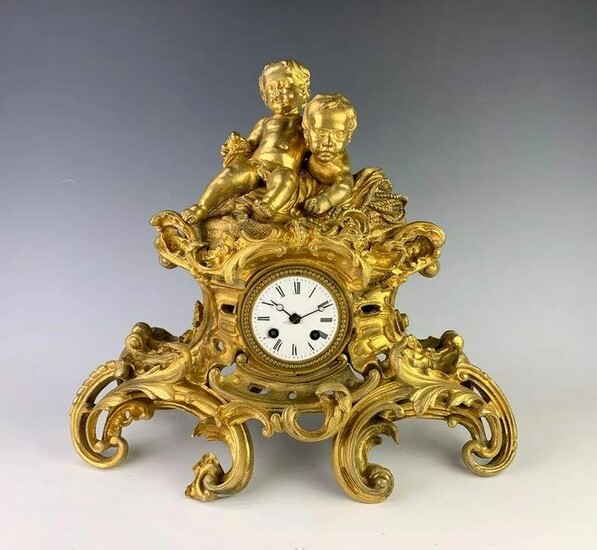 French Dore Bronze 2 Putti Clock C. 1880