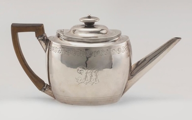 GEORGE III STERLING SILVER TEAPOT Solomon Hougham, maker. Bright-cut register of oak leaves and acorns. Period monogram. Height 6.25...