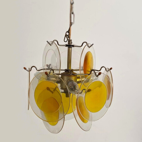 GINO VISTOSI. In the manner of. Hanging lamp from the 1960s with acrylic discs / plastic chandelier.