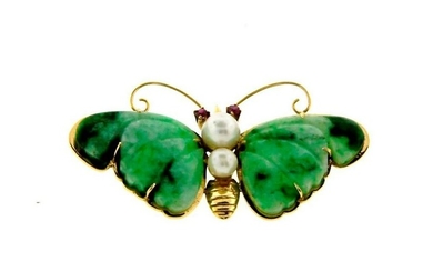 GORGEOUS 14k Yellow Gold, Jade, Pearl & Ruby Butterfly