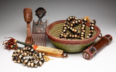 GROUP OF TRIBAL ITEMS AND PAINTED BASKET.