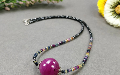 Gemstone Beads Necklace : 17" Natural Multi Sapphire Ruby Ball Pendant Bead Chain Necklace 925 Sterling Silver