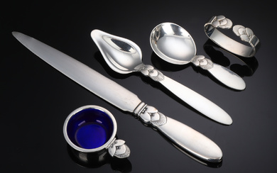 Georg Jensen. 'Cactus' salt shaker, letter knife, napkin ring and various sterling silver cutlery (5)