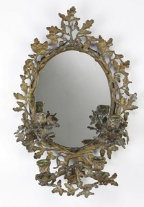 Gilt bronze oak leaf girandole wall mirror, 19"h