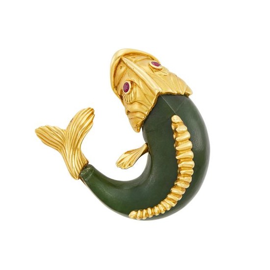 Gold, Carved Nephrite and Ruby Carp Clip-Brooch, Seaman Schepps