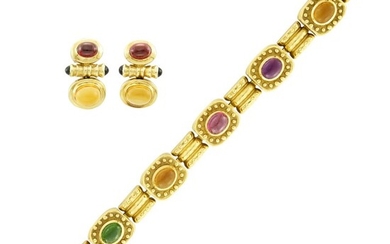 Gold and Cabochon Colored Stone Bracelet and Pair of Earrings