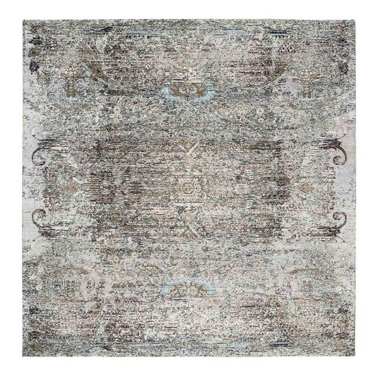 Gray, Hand Knotted, Modern, Silk with Textured Wool
