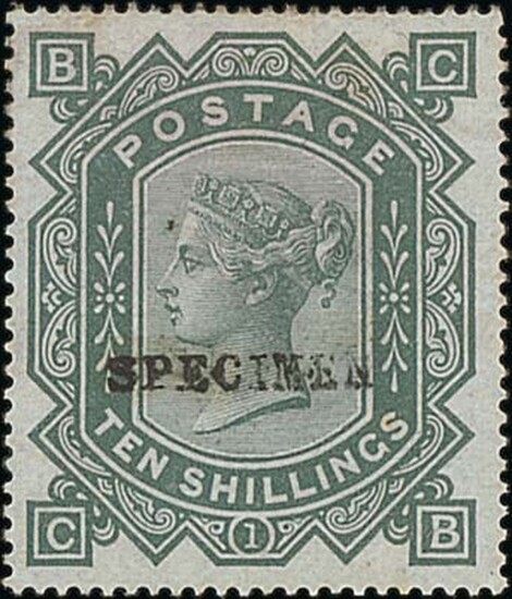 Great Britain 1867-83 Watermark Maltese Cross 10/- greenish-grey, Plate 1, CB, overprinted 'spe...