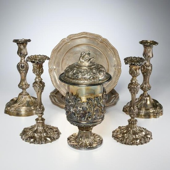 Group German Rococo style silver plate tablewares