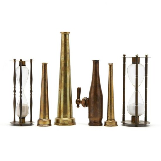 Group of Brass Fire Nozzles and Hourglasses