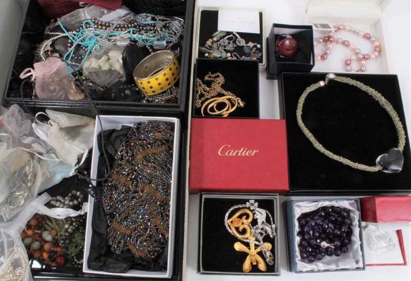 Group of vintage and later costume jewellery including empty Cartier box, Trifari gilt metal pendant necklace, Baccarat glass ring in box, beadwork scarf, other various bead necklaces and bijouterie