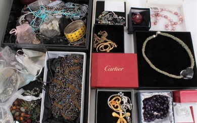 Group of vintage and later costume jewellery including empty Cartier box, Trifari gilt metal pendant necklace, Baccarat glass ring in box, beadwork scarf, other various bead necklaces and bijouterie