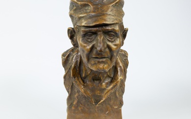 Gustave VAN DEN MEERSCHE (1891-1970), brown patinated plaster bust of Flemish peasant, signed and dated 1917
