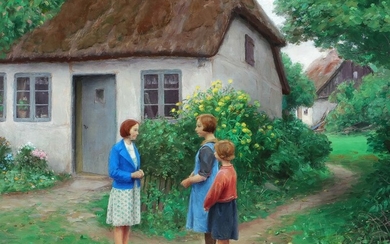 H. A. Brendekilde: “Holiday Girl”. Three girls in conversation one summer day in a small village. Signed H. A. Brendekilde. Oil on canvas. 51×63 cm.