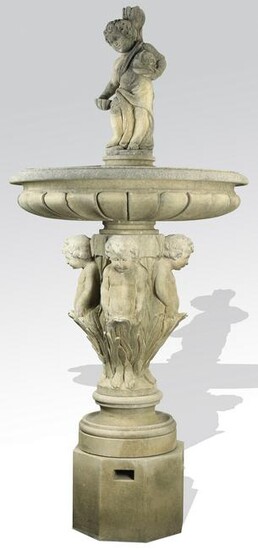 Hand carved Italian limestone fountain with cherubs