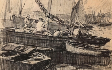 Henri BARNOIN (1882-1940) "Sailors on the port" charcoal sbd 34x42