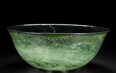 Hetian old jade: high relief: "thin body" double dragon playing with pearl bowl