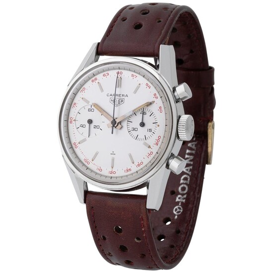 Heuer. Sporty and Fascinating Carrera Wristwatch in Stainless Steel, Reference 3647, With Red Tachymeter Scale