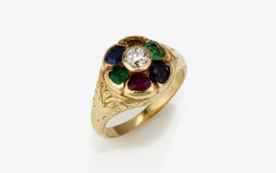 Historischer " Regard" Ring verziert mit Diamant, Saphiren, Rubin und Smaragde