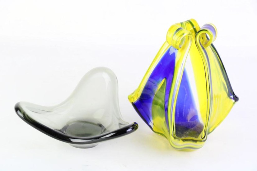 Holmegaard Art Glass Dish (Dia20cm) Together With Another in Yellow & Blue Handkerchief Form (H21cm)