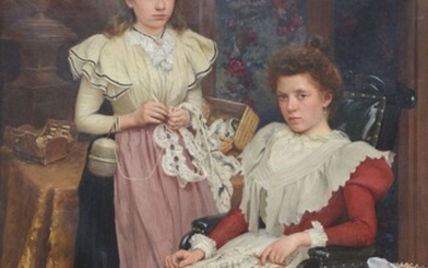 Hoste 1898 : grand tableau (h/t) 'filles dans un intérieur' (200x132cm)