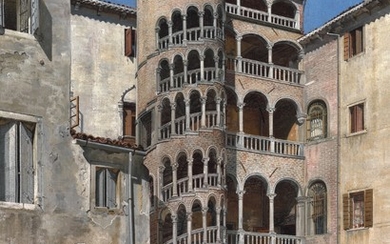I. T. Hansen: Scala Contarini del Bovolo. Signed and dated J. T. Hansen 1891. Venezia. Pal. Contarini Scala Mineli. Oil on canvas. 48×37 cm.