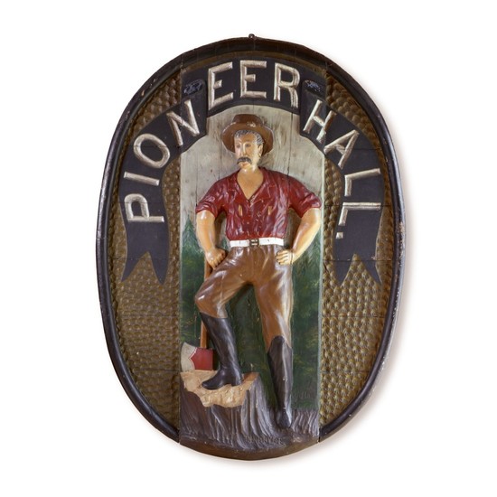 IMPORTANT CARVED AND POLYCHROME PAINT-DECORATED OVAL WOOD FIREHOUSE TRADE SIGN, THOMAS HANFORD BOYCE, MOUNT VERNON, NEW YORK, CIRCA 1880