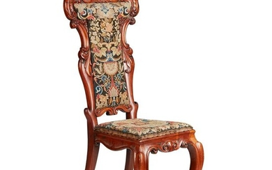 ITALIAN CARVED WALNUT AND NEEDLEWORK SIDE CHAIR 19TH