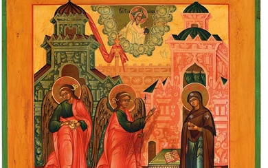 Icône de l'Annonciation, Russie, 19e/20e s., tempera sur bois, Annonciation à la manière byzantine, traces...