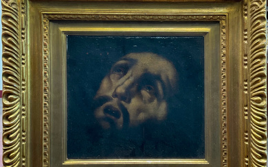 Ignoto Antico dipinto raffigurante "testa di San Francesco" olio su tela (frammento) (cm 24x27) etichette al verso con indicazione…