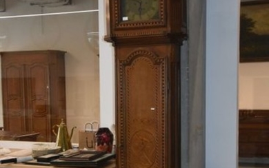 Inlaid oak shaft clock (ht 270cm)