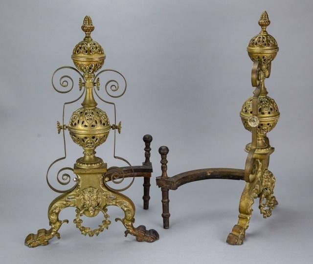 Italian Renaissance Revival Brass & Iron Chenets
