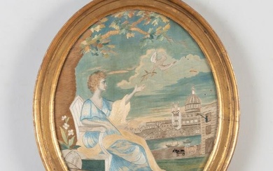 Italian Silk Needlework Oval Panel of a Seated Classical Figure in a Landscape