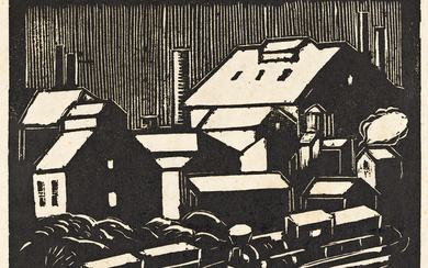JAMES LESESNE WELLS (1902 - 1993) Steel Mill II. Linoleum cut on crea...