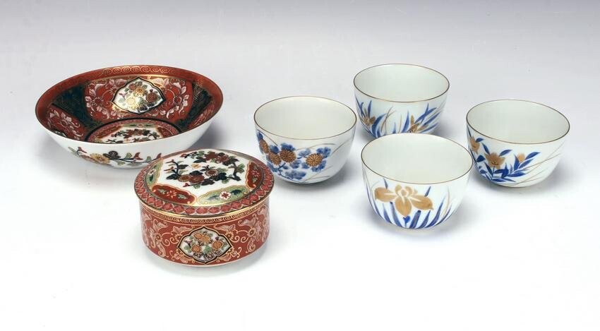 JAPANESE BOWL, LIDDED DISH, FOUR TEA CUPS