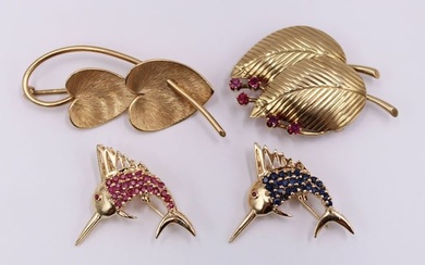 JEWELRY. (4) 14k Gold and Gem Brooches.