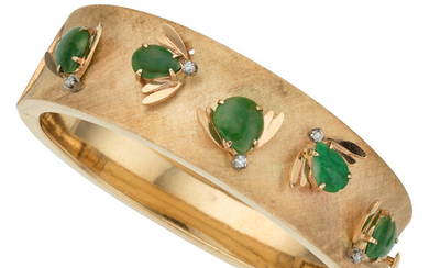 Jadeite Jade, Diamond, Gold Bracelet The hinged cuff features...